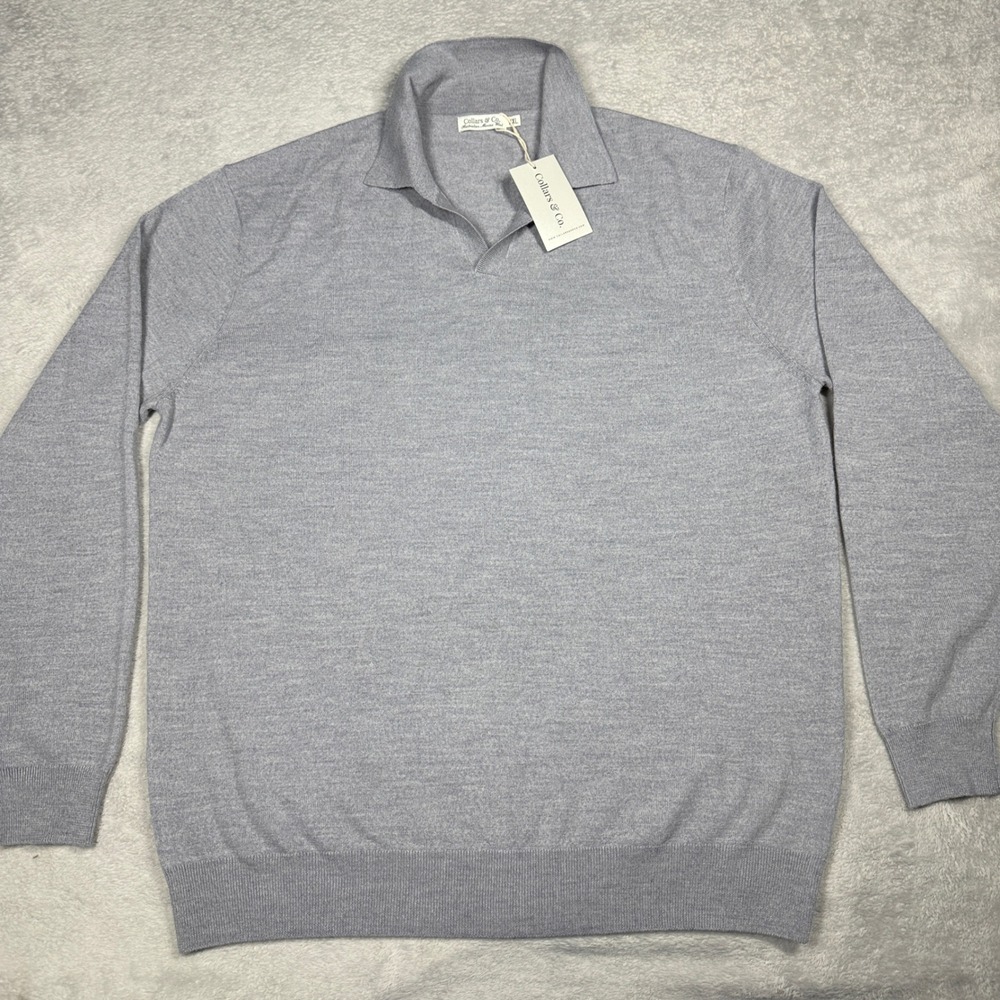 Collars & Co. Polo Sweater Mens XXL Gray Australian Merino Wool Long Sleeve Knit